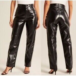 Abercrombie 90's Straight Ultra High Rise Jeans Black Vegan Patent Leather 33 16